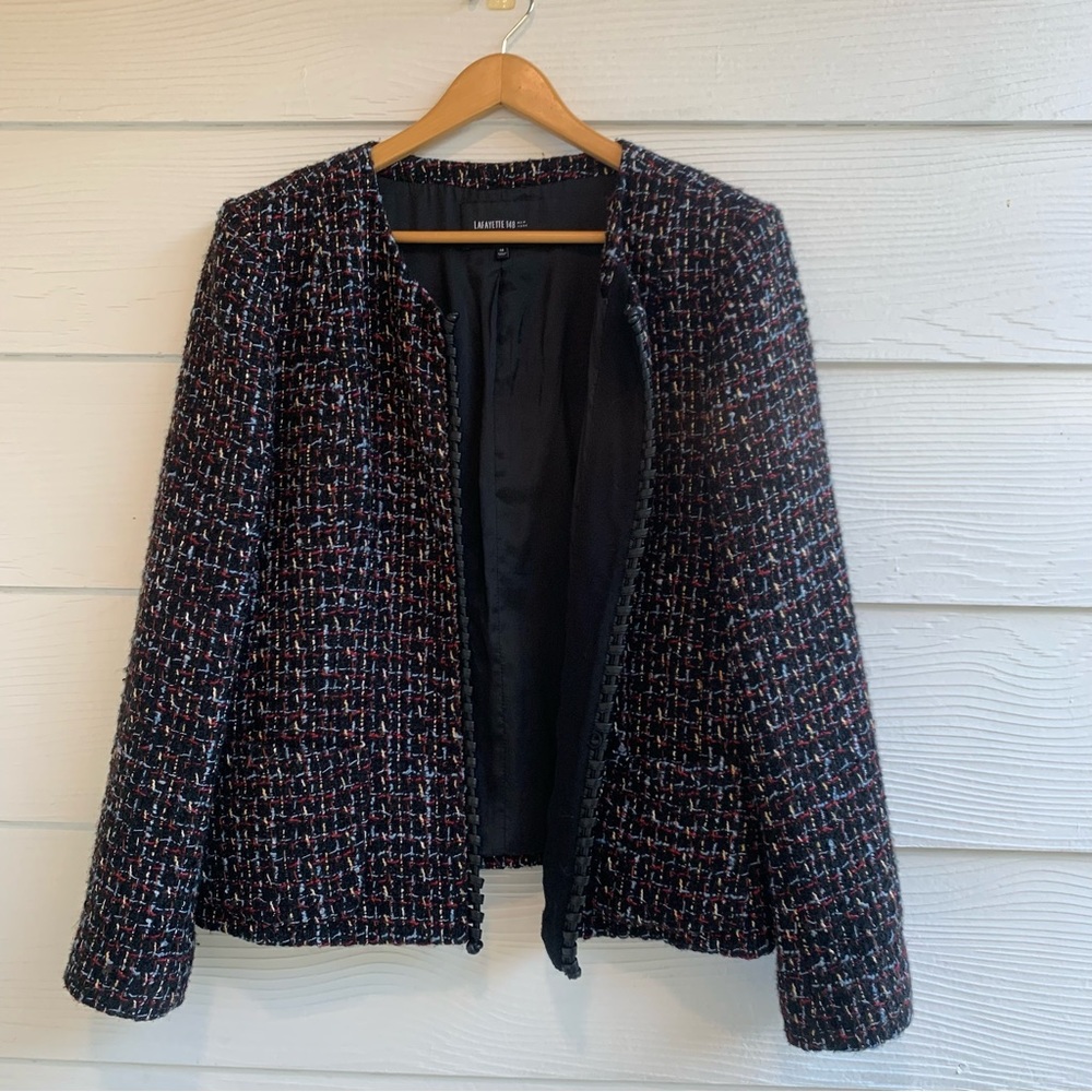 Lafayette 148 New York open front cardigan blazer 14 lined wool blend boucle